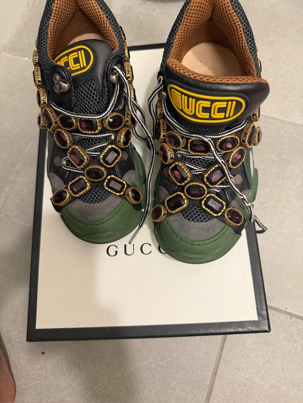 Gucci Black Gray Green Gem-Embellished Sneakers